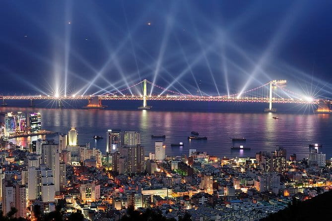 Busan Night Food Market with Night View points - Gwangalli Beach: Diamond Bridge lights and the optional night ferry