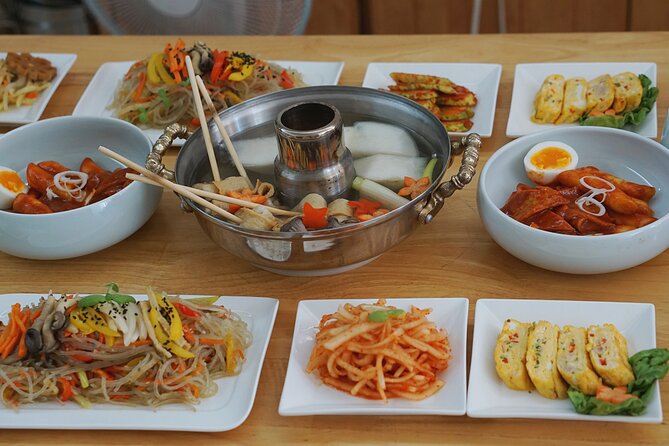 K-food cooking Japchae Mandu Tteokbokki & Fishcake - After the meal, the indoor market tour across the street becomes your shopping guide